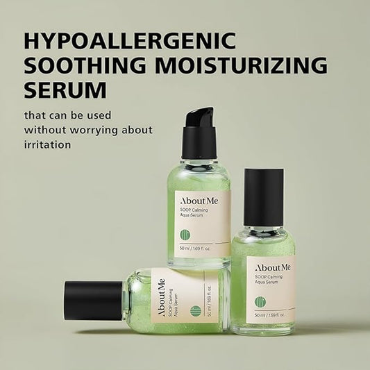 ABOUT ME Soop Calming Aqua Serum - Vegan Soothing and Hydrating Facial Serum with Cypress Water, Centella Asiatica, and Tea Tree Leaf Extract for Dry, Sensitive Skin (50ml/1.69oz)