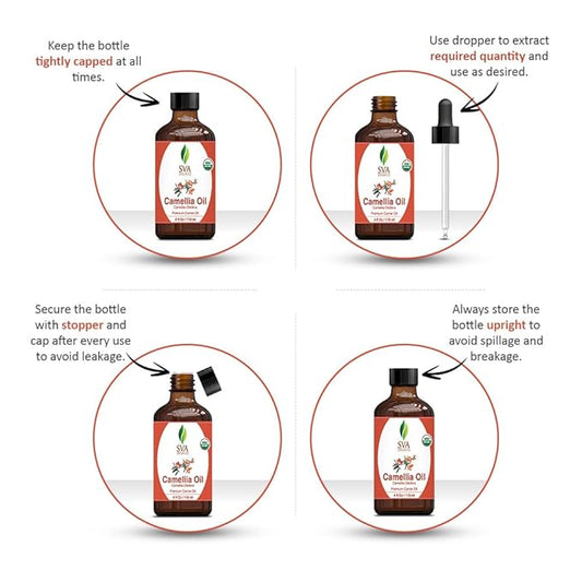 SVA Camellia Seed Oil Organic - 4 Fl Oz – 100% Natural Cold Pressed Organic Camellia Oil - for Face, Skin Care, Hair Care, Scalp Massage & Body Massage – Carrier Oil with Dropper
