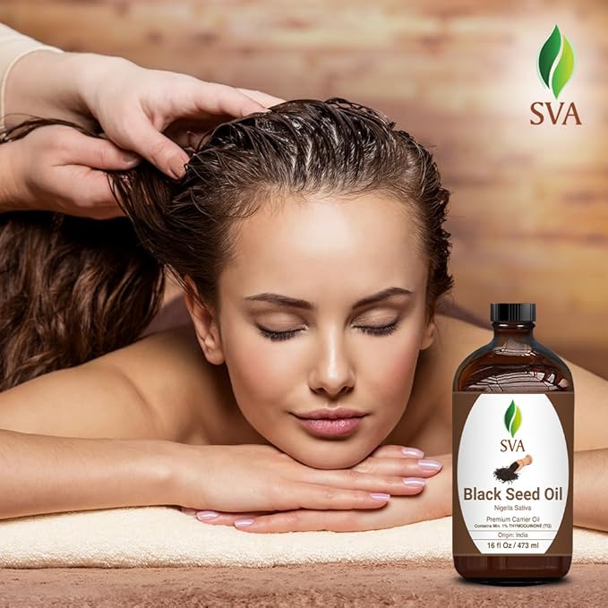 SVA Black Seed Oil - 16 Fl Oz – 100% Natural Cold Pressed Black Seed Oil - for Face, Skin Care, Hair Care, Scalp Massage & Body Massage – Carrier Oil