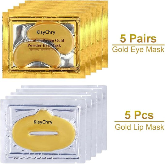 24K Gold Gel Crystal Collagen Lip and Eye Mask, 5 Pairs Gold Eye Mask Pads and 5 Pcs Gold Lip Patches for Moisturizing, Anti Wrinkle, Anti Aging, Hydrating Lips and Eyes