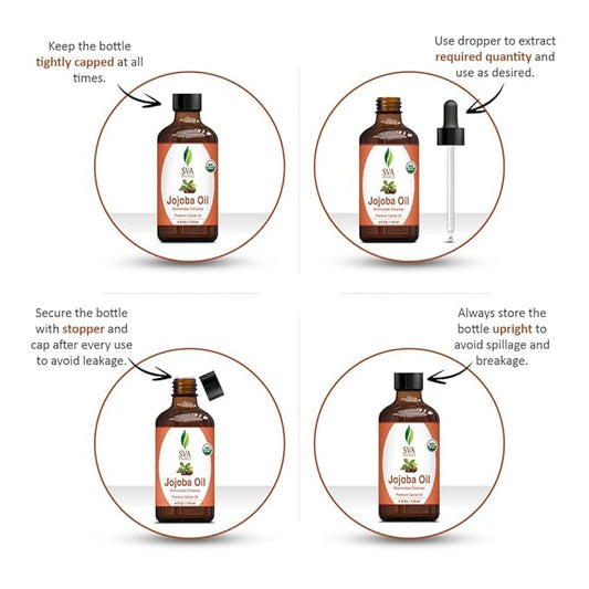 SVA Jojoba Seed Oil Organic - 4 Fl Oz – 100% Natural Cold Pressed Organic Jojoba Oil - for Face, Skin Care, Hair Care, Scalp Massage & Body Massage – Carrier Oil with Dropper