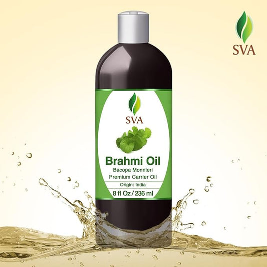 SVA Brahmi Oil - 8 Fl Oz – 100% Natural Cold Pressed Brahmi Oil - for Face, Skin Care, Hair Care, Scalp Massage & Body Massage – Carrier Oil with Pump