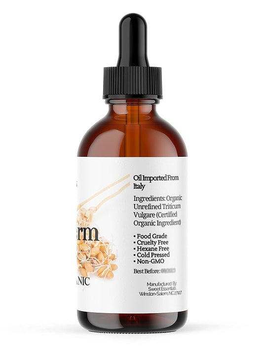 100% Organic Unrefined Wheat Germ Oil | Imported From Italy | 4oz Glass Bottle | 100% Pure - Virgin | Cold-Pressed | Natural Moisturizer for Skin, Hair and Face | Stretch Mark Relief - NON GMO