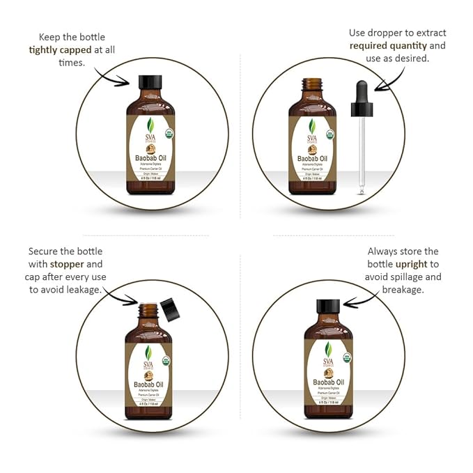 SVA Baobab Seed Oil Organic - 4 Fl Oz – 100% Natural Cold Pressed Organic Baobab Oil - for Face, Skin Care, Hair Care, Scalp Massage & Body Massage – Carrier Oil with Dropper