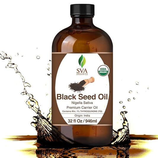 SVA Black Seed Oil Organic - 32 Fl Oz – 100% Natural Cold Pressed Organic Black Seed Oil - for Face, Skin Care, Hair Care, Scalp Massage & Body Massage – Carrier Oil