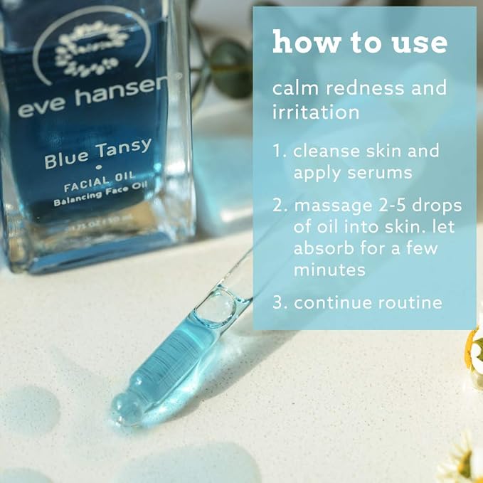Eve Hansen Blue Tansy Facial Oil Moisturizer - Balancing Face Oil With Squalane, Rosehip, Turmeric, Vitamin E For Skin | Non-Greasy - 1.7 oz
