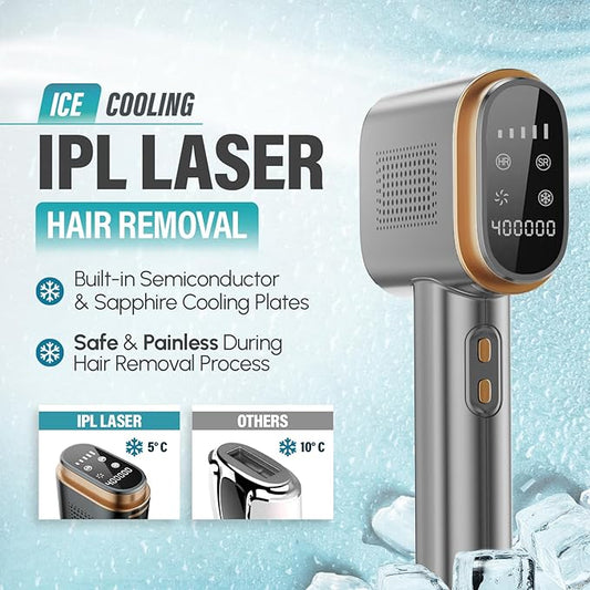 Herbishh IPL Laser Hair Removal Device, Painless Cooling Technology- 400,000 Flashes, Hair Removal Machine with 5 Intensity Levels, Skin Sensor & Dual Flash Modes- Manual & Auto, For Face & Body, Gray