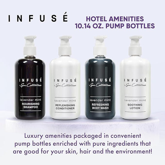 1-Shoppe Infuse Lavender Mint Spa Collection Amenities Set | 10.14 oz Pumps | Shampoo, Conditioner, Hand/Body Wash, Lotion
