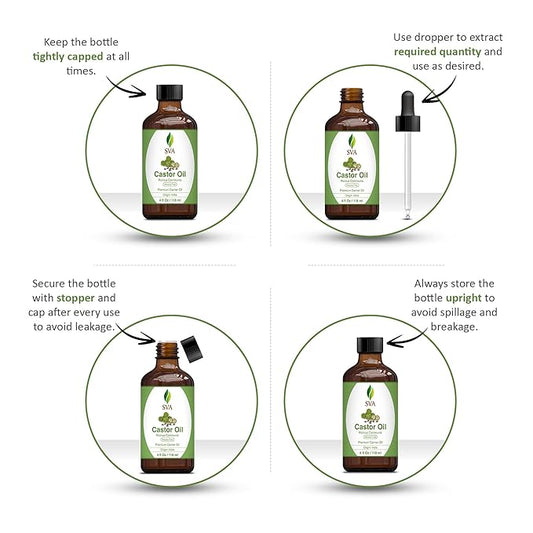 SVA Castor Seed Oil - 4 Fl Oz – 100% Natural Cold Pressed Castor Oil - for Face, Skin Care, Hair Care, Scalp Massage & Body Massage – Carrier Oil with Dropper