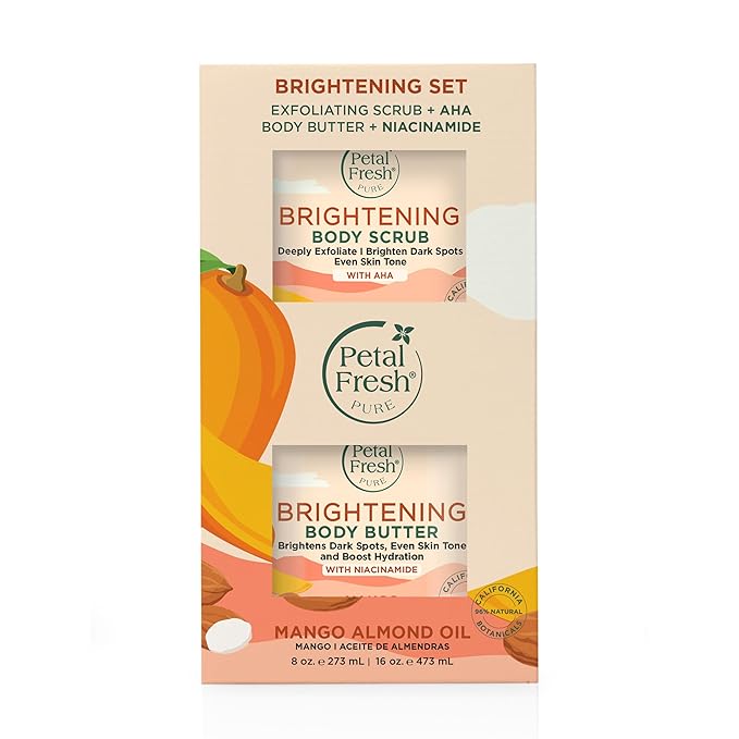 Petal Fresh Pure Mango & Almond Oil Brightening Body Scrub & Body Butter Set, Exfoliate and Hydrate, Promotes Collagen, For All Skin Types, Vegan and Cruelty Free, 16 oz and 8 oz – MADE IN USA