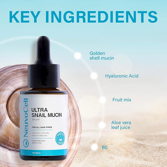 '-Ultra Snail Mucin Serum, Reduces the Appearance of Fine Lines & Wrinkles, Snail Serum for Face, Anti Wrinkle Serum, Snail Mucin Skin Care Hyaluronic Acid, Aloe, AHAs, 1fl.Oz
