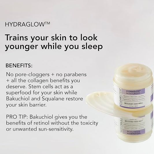 CLEARSTEM - HYDRAGLOW Stem Cell Moisturizer - Bakuchiol + Squalene - Youthful Skin Face Moisturizer - All Skin Types - Facial Skin Care Products - Gluten Free, Cruelty Free - 2 fl oz / 60ml