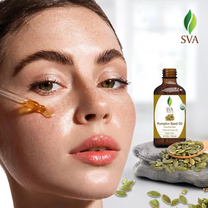 SVA Pumpkin Seed Oil Organic - 4 Fl Oz – 100% Natural Cold Pressed Organic Pumpkin oil - for Face, Skin Care, Hair Care, Scalp Massage & Body Massage – Carrier Oil with Dropper