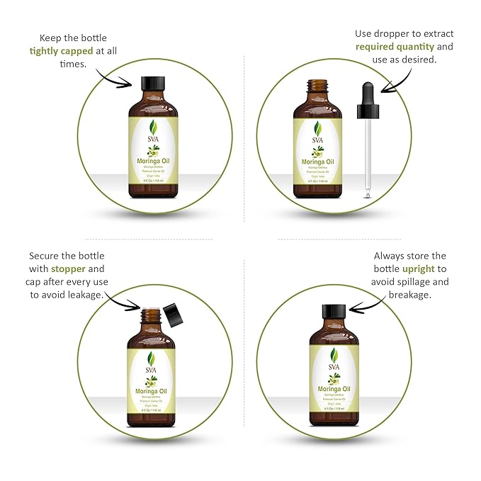 SVA Moringa Seed Oil - 4 Fl Oz – 100% Natural Cold Pressed Moringa Oil - for Face, Skin Care, Hair Care, Scalp Massage & Body Massage – Carrier Oil with Dropper