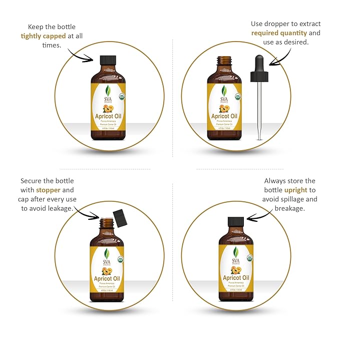 SVA Apricot Seed Oil Organic - 4 Fl Oz – 100% Natural Cold Pressed Organic Apricot Oil - for Face, Skin Care, Hair Care, Scalp Massage & Body Massage – Carrier Oil with Dropper