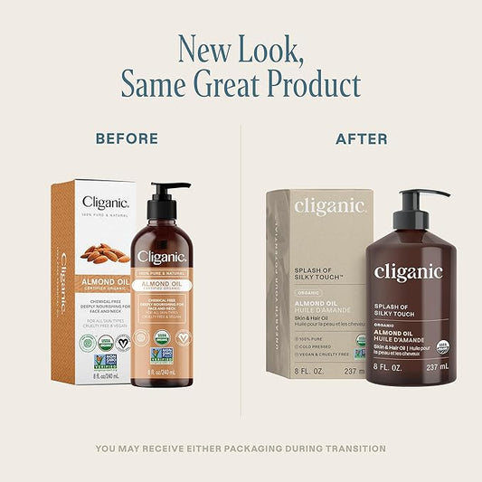 Cliganic Organic Sweet Almond Oil, 100% Pure (8oz) - for Skin & Hair, Nourishing Carrier Oil for Face & Body (Packaging May Vary)