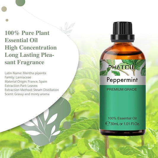 Peppermint Essential Oil, 1.01Fl.Oz (30ML) PHATOIL Pure Essential Oil Singles for Aromatherapy Diffusers, Humidifiers, Great for DIY Candle and Soap Making, Gift for Friend