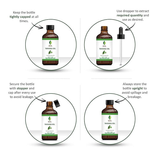 SVA Tamanu Oil - 4 Fl Oz – 100% Natural Cold Pressed Tamanu Oil - for Face, Skin Care, Hair Care, Scalp Massage & Body Massage – Carrier Oil with Dropper