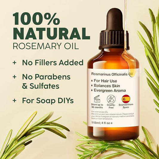 100% Pure & Natural Rosemary Oil for Hair, Skin, Aromatherapy & DIY Soap Making (4 Fl Oz / 118 ml)