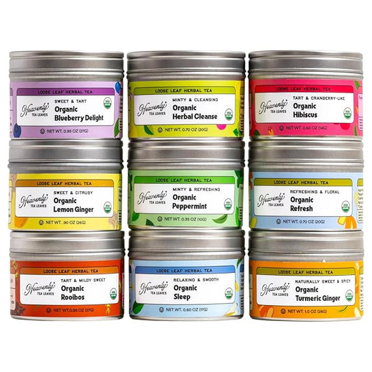 Heavenly Tea Leaves Organic Loose Leaf Herbal Tea Sampler (Approx. 90 Cups of Tea), 9 Naturally Caffeine Free Tisanes - Great Hot or Iced, Mother's Day Gifts for Mom, Health & Immune Support