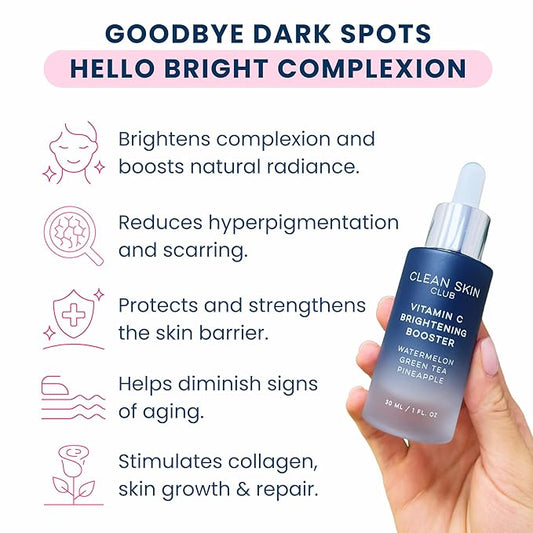 Clean Skin Club Vitamin C Serum & Brightening Booster, Vitamins A, E, D & K, Anti Aging Collagen Clear Facial Care, Glow, Acne, Scars, Sun Damage, Wrinkles, Age, Dark Spot Corrector Recipe