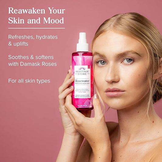 HERITAGE STORE Rosewater - Refreshing Facial Mist for Glowing Skin with Damask Rose, All Skin Types - Rose Water Spray for Face, Made Without Dyes or Alcohol, Hypoallergenic, Vegan, Cruelty Free, 8oz