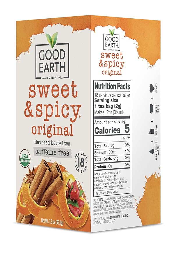 Organic Sweet & Spicy Herbal Caffeine Free Good Earth Teas 18 Tea Bag (Pack of 3)