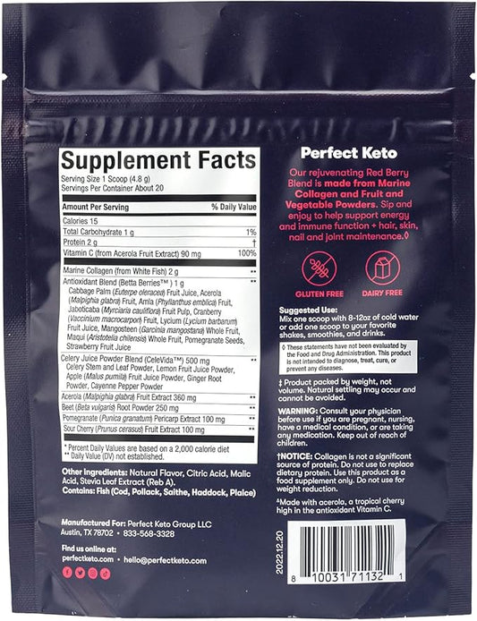 Perfect Keto Super Reds Superfood Powder, Antioxidants Supplement with Fruit & Vegetable Powder, Polyphenols & Marine Collagen, Drink Mix for Skin & Energy Support, Blueberry Pomegranate, 20 Servings