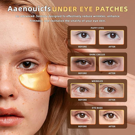 Golden Eye Mask 20 (pair), Collagen Eye Mask with Sodium Hyaluronate for Dark Circles, Bags, Wrinkles and Puffiness Eye Gels, Under Eye Patches for Both Men and Women.