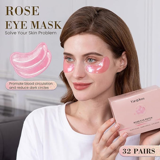 32 Pairs Pink Under Eye Patches, Rose Cooling Hydrating Eye Mask for Dark Circles Puffiness Puffy Eyes, Anti Wrinkle Collagen Undereye Pad, 32 Sets Women Travel Beauty Skincare Face Gel