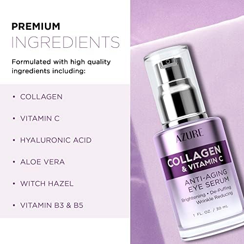 AZURE Collagen & Vitamin C Anti Aging Eye Serum - Toning, De-Puffing Serum - Reduces Wrinkles, Fine Lines & Dark Circles - Minimizes Fatigue - Skin Care Made in Korea - Pack of 2