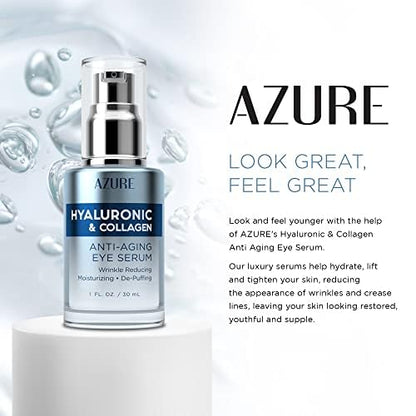 AZURE Hyaluronic & Collagen Anti Aging Eye Serum - Moisturizing, Replenishing & De-Puffing | Reduces Wrinkles, Fine Lines & Under Eye Bags | Locks In Moisture Hydrating Skin | - Pack of 2