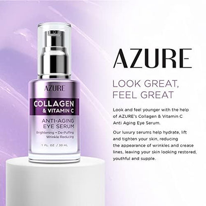 AZURE Collagen & Vitamin C Anti Aging Eye Serum - Toning, De-Puffing Serum - Reduces Wrinkles, Fine Lines & Dark Circles - Minimizes Fatigue - Skin Care Made in Korea - Pack of 2