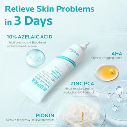 ZealSea 10% Azelaic Acid Facial Cream - Azelaic Acid Serum with AHA for Face, Relief Pimple, Breakouts, Blackhead & Redness, Azelaic Acid Gel Clarify Skin Soothe Irritation, 0.34 Oz Travel Size