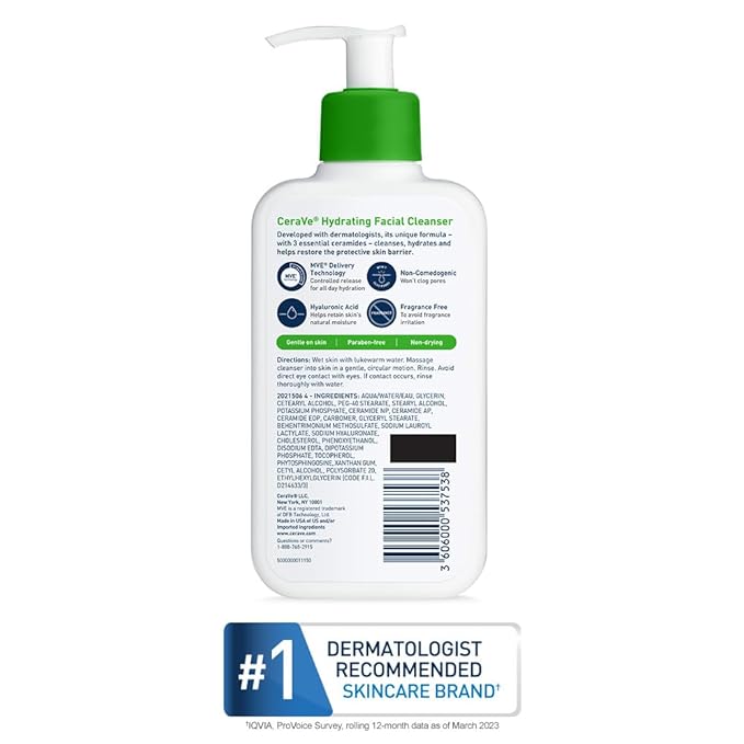 CeraVe Hydrating Facial Cleanser, Moisturizing Face Wash For Dry Skin, Hyaluronic Acid + Ceramides + Glycerin, Hydrating Cleanser For Normal To Dry Skin, National Eczema Association Certified