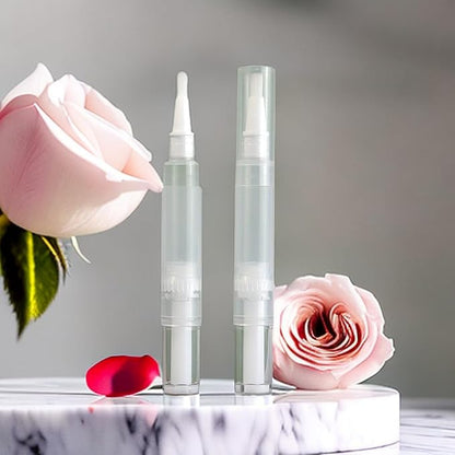 10 Pcs Empty Cuticle Oil Pen Nail Oil Pen Transparent Twist Pens with Brush Tip for Lip Gloss Nail Polish Eyelash Growth Liquid with 16Stickers (5ML)