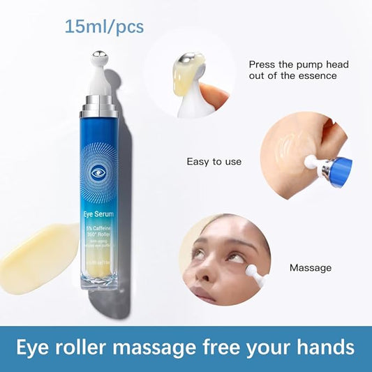 5% Caffeine Eye Serum with 360° Massage Rollerball Topper,Caffeine Eye Cream for Dark Circles,Wrinkles,Puffiness and Fine Lines,Under Eye Roller Cream Eye Bags Treatment for Women and Men