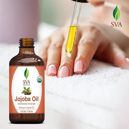 SVA Jojoba Seed Oil Organic - 4 Fl Oz – 100% Natural Cold Pressed Organic Jojoba Oil - for Face, Skin Care, Hair Care, Scalp Massage & Body Massage – Carrier Oil with Dropper