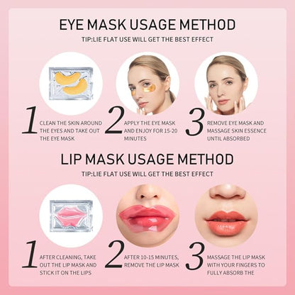 15 Pairs Eye Mask and 15 Pcs Lip Mask, Under Eye Patches and Lip Pads, Anti Aging Eye and Lip Mask, Collagen Crystal Mask Set.