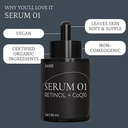 Same Skincare Face Serum 01: CoQ10 Retinol Serum for Face, Vitamin C, Hyaluronic Acid, Facial Serum Supports Anti Aging, Acne, Skin Texture, Fine Lines & Wrinkles, Organic, Vegan, Cruelty Free, 1 oz