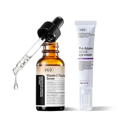 VGO Vitamin C Vitamin E Facial Serum 2.02oz + Eye Repair Cream for Dark Circles & Puffiness 0.5oz