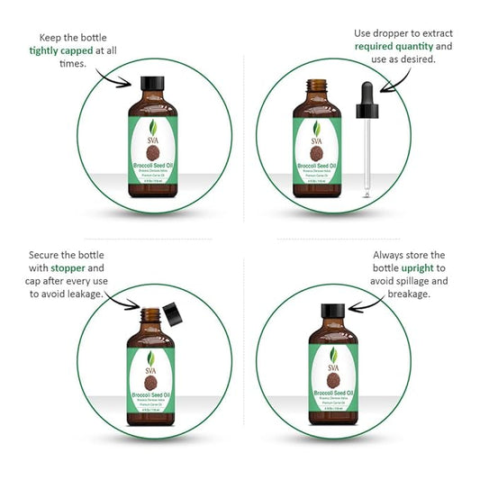 SVA Broccoli Seed Oil - 4 Fl Oz – 100% Natural Cold Pressed Broccoli Oil - for Face, Skin Care, Hair Care, Scalp Massage & Body Massage – Carrier Oil with Dropper