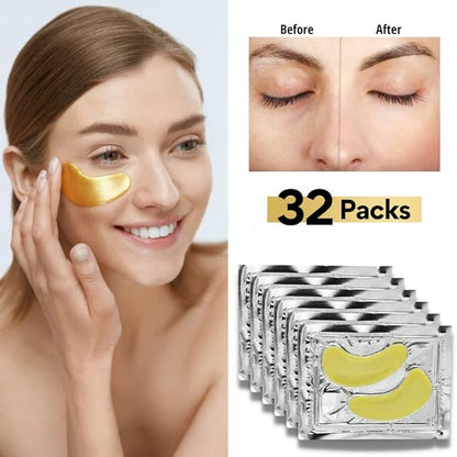 32 Pairs 24K Gold Under Eye Patches with 4 pieces of Lip Mask, Anti-Aging Eye Mask, Under Eye Mask Dark Circles and Puffiness, Wrinkles Patches with Hydrogel, Collagen Eye Pad