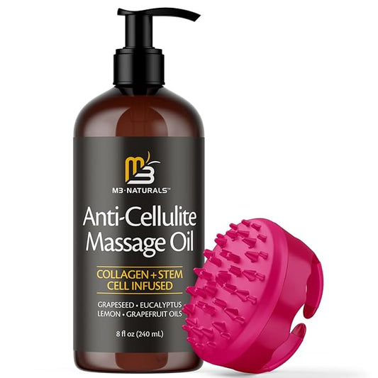 M3 Naturals Anti Cellulite Oil and Silicone Body Brush – Collagen and Stem Cell Skin Tightening Formula for Smoothing and Firming – 8 Fl Oz