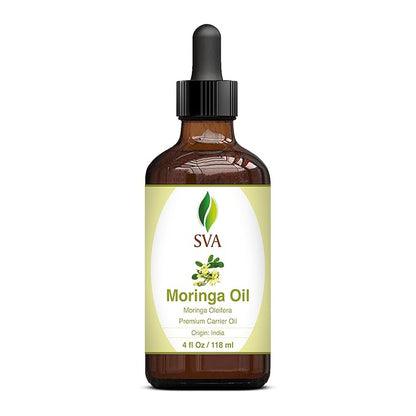 SVA Moringa Seed Oil - 4 Fl Oz – 100% Natural Cold Pressed Moringa Oil - for Face, Skin Care, Hair Care, Scalp Massage & Body Massage – Carrier Oil with Dropper