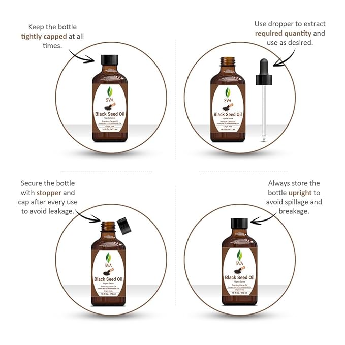 SVA Black Seed Oil - 4 Fl Oz – 100% Natural Cold Pressed Black Seed Oil - for Face, Skin Care, Hair Care, Scalp Massage & Body Massage – Carrier Oil with Dropper
