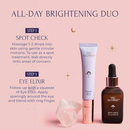 Tru Alchemy Spot Check + Eye Elixir Bundle | Brightening Serum + Spot Corrector with Niacinamide, TriDroxy Acid Blend, Hyaluronix + Cooling Eye Treatment with Hyaluronix, Caffeine, & Vitamin C