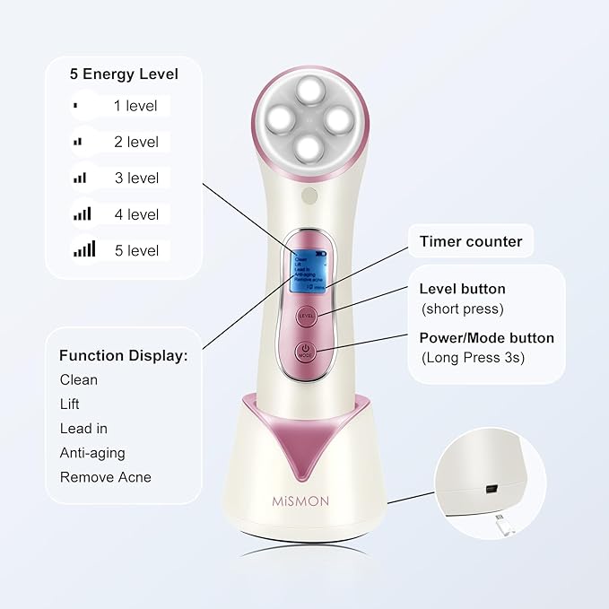 MiSMON High Frequency Facial Machine Light Theraphy Micro-current Device, 5 in 1 Multifunctional Facial Massager for Face