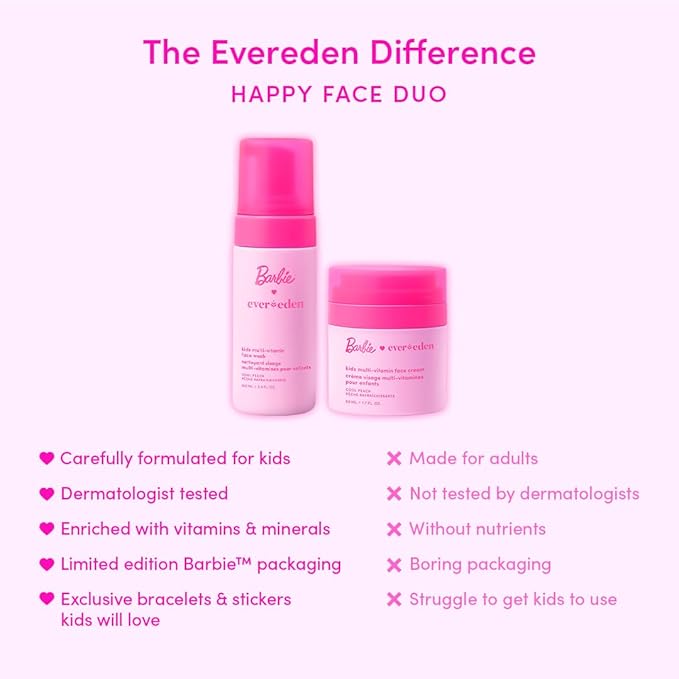 Evereden Barbie Limited Edition Kids Happy Face Duo + Exclusive Barbie Accessories | Multi-Vitamin Kids Face Wash & Cream Set with Stickers + Bracelets | Clean, Vegan Skin Care for Children 3+