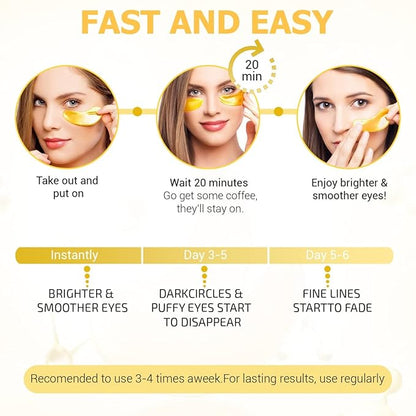 24K Gold Eye Masks for Dark Circles and Puffiness (6 Pairs) with Collagen, Aloe Vera & Hyaluronic Acid-Anti-Aging Under Eye Patches for Dark Circles and Puffiness-Reduce Wrinkles